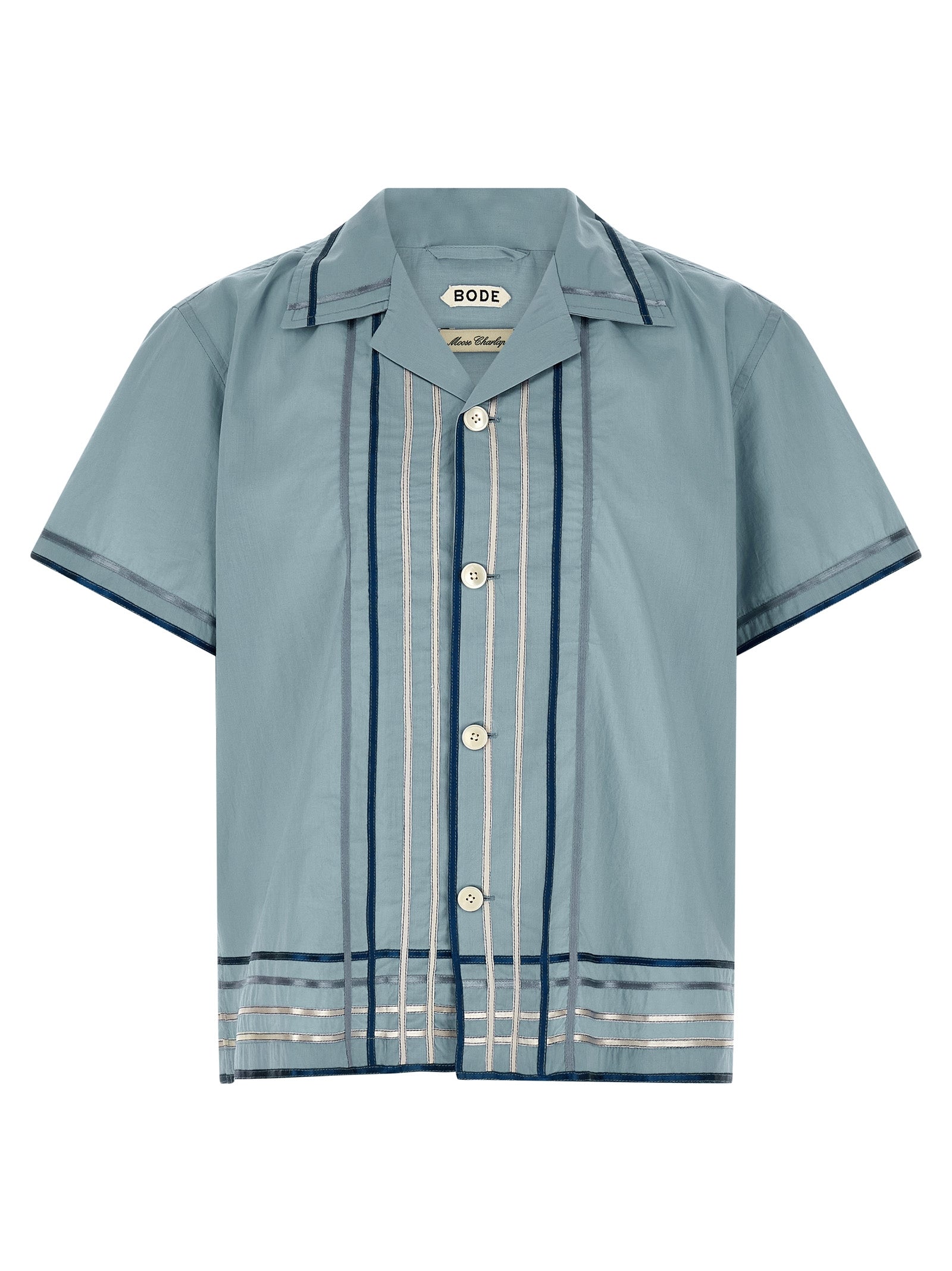 Shirt by BODE for men in cotton satin light-blue, pearl & plaid features an architectural silhouette with a refined short-sleeve and elegant for a architectural look.