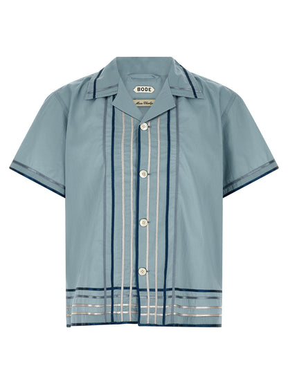 Shirt by BODE for men in cotton satin light-blue, pearl & plaid features an architectural silhouette with a refined short-sleeve and elegant for a architectural look.
