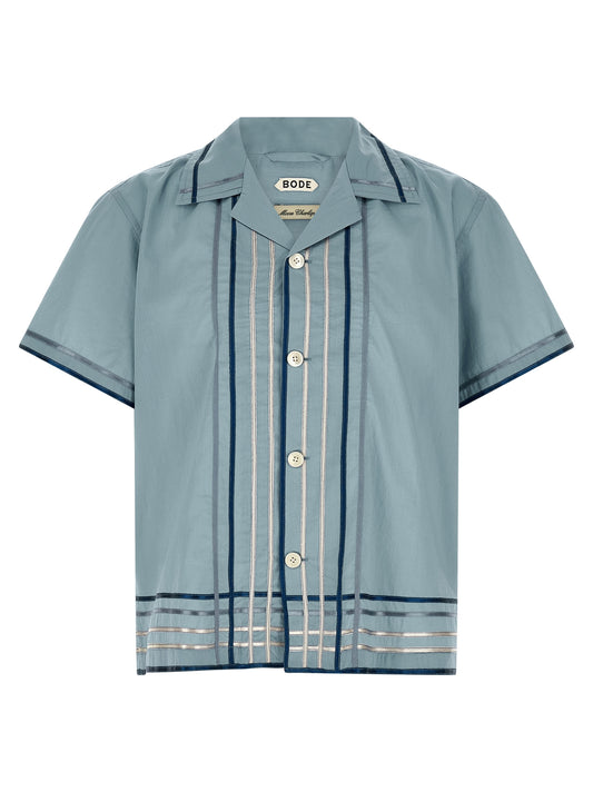 Shirt by BODE for men in cotton satin light-blue, pearl & plaid features an architectural silhouette with a refined short-sleeve and elegant for a architectural look.