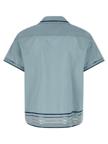 Shirt by BODE for men in cotton satin light-blue, pearl & plaid features an polished silhouette, showcasing a sophisticated and detail for a truly polished finish.