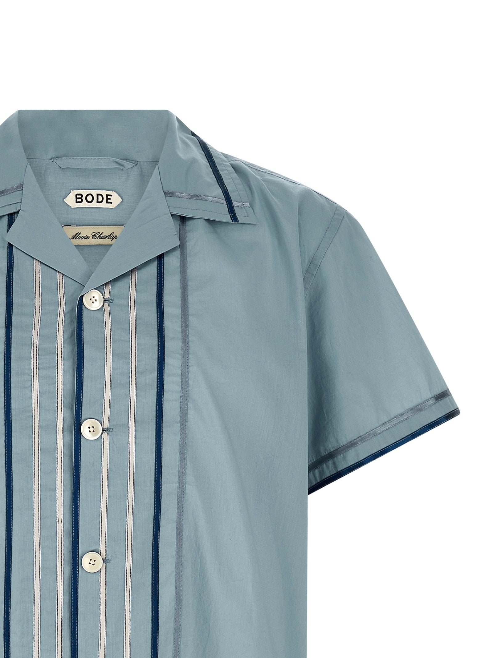 Shirt by BODE for men in cotton satin light-blue, pearl & plaid features an polished silhouette, showcasing a sophisticated and detail for a truly polished finish.