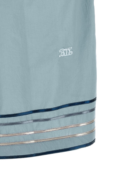 Shirt by BODE for men in cotton satin light-blue, pearl & plaid features an architectural silhouette with a refined and elegant for a architectural look.