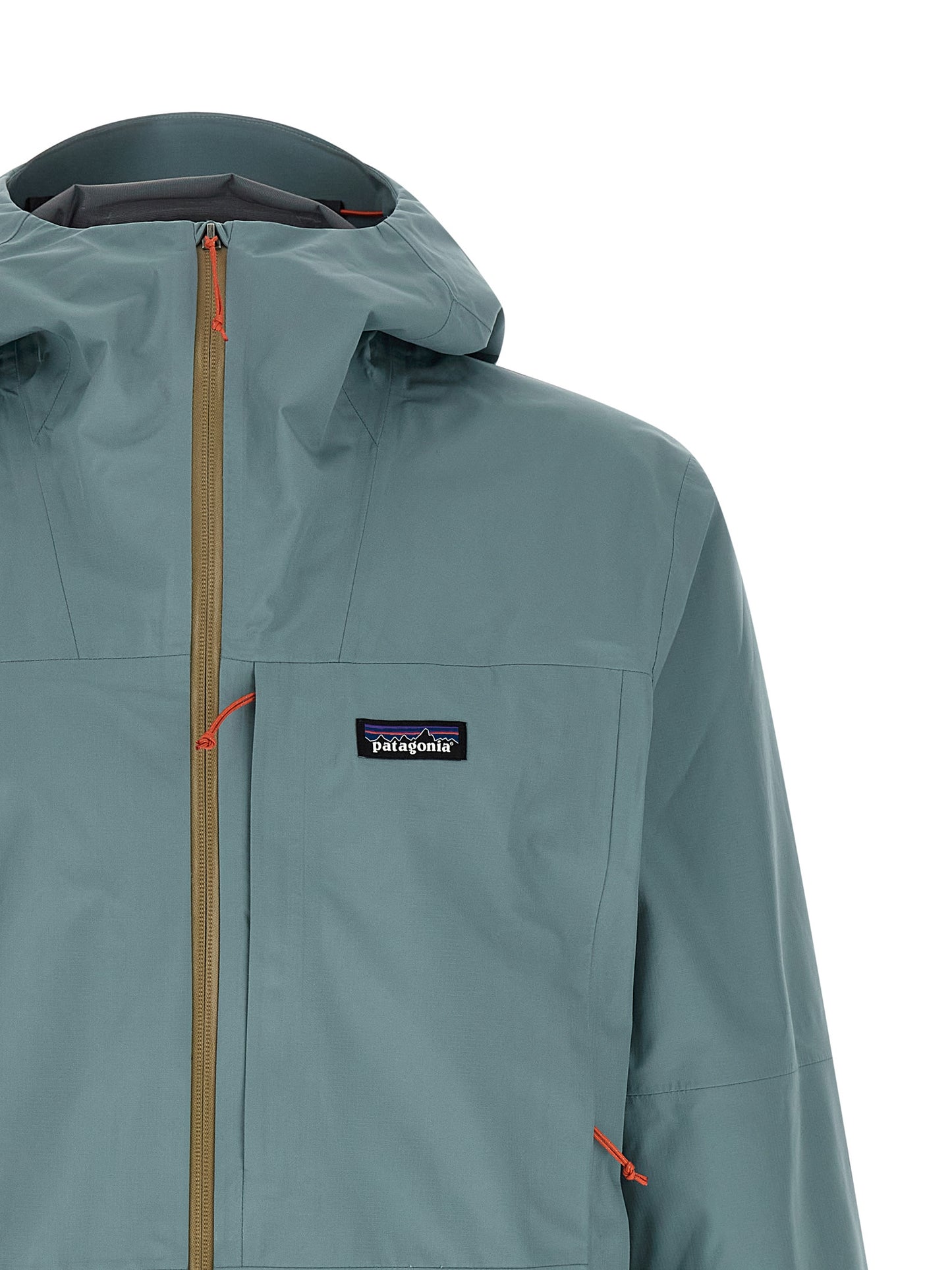 Hooded Windbreaker Jacket by PATAGONIA for men in polyester light-blue features an perennial silhouette with a refined hooded neckline and perennial water-resistant, pockets, hooded & windproof for a sophisticated weather-resistant look.