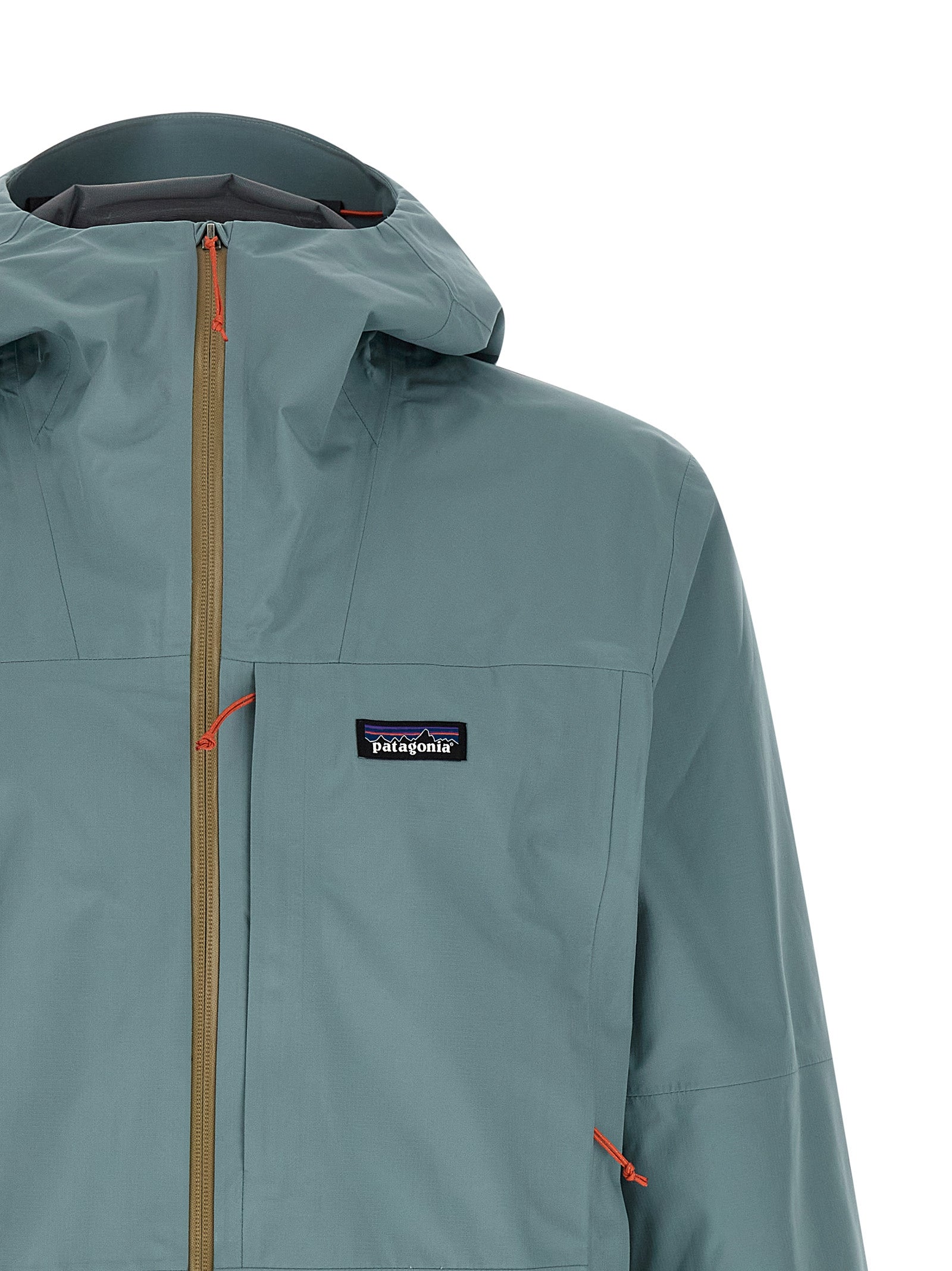 Hooded Windbreaker Jacket by PATAGONIA for men in polyester light-blue features an perennial silhouette with a refined hooded neckline and perennial water-resistant, pockets, hooded & windproof for a sophisticated weather-resistant look.