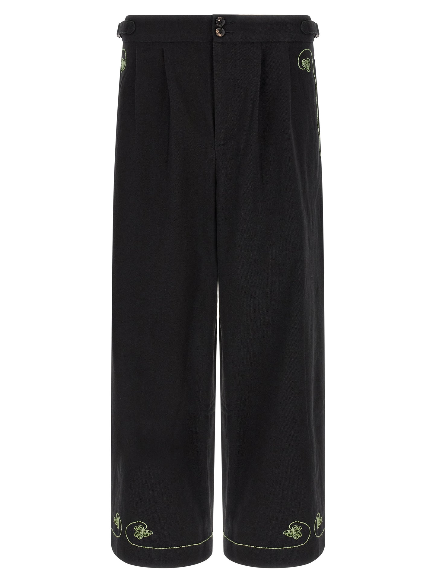 BODE Clover Men's Straight Leg Wide Cropped Mid Rise Cotton Twill Casual Pants - Black