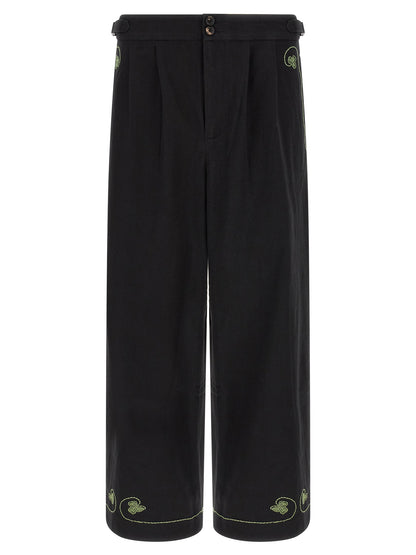 BODE Clover Men's Straight Leg Wide Cropped Mid Rise Cotton Twill Casual Pants - Black