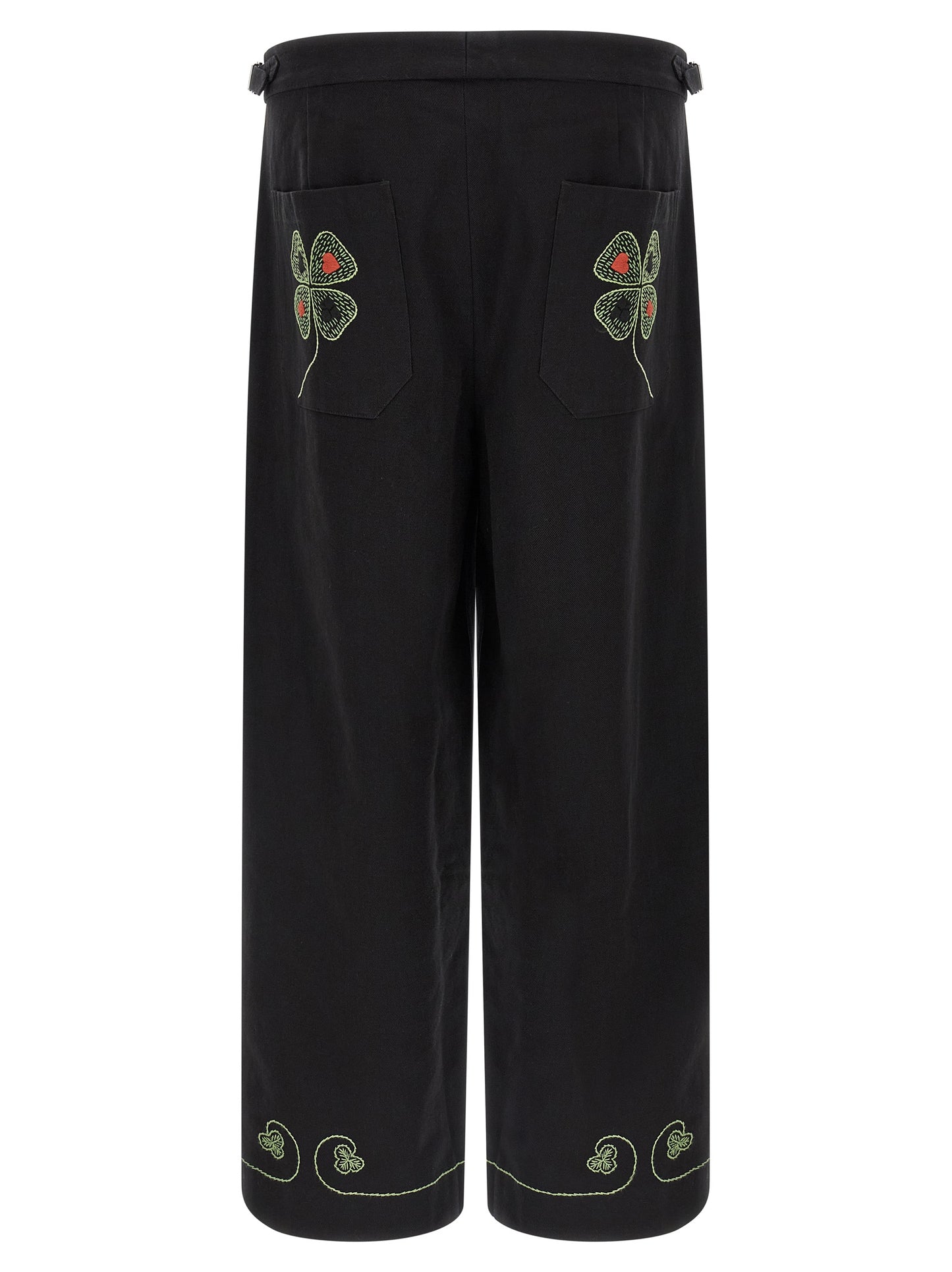 BODE Clover Men's Straight Leg Wide Cropped Mid Rise Cotton Twill Casual Pants - Black
