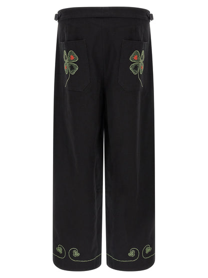 BODE Clover Men's Straight Leg Wide Cropped Mid Rise Cotton Twill Casual Pants - Black