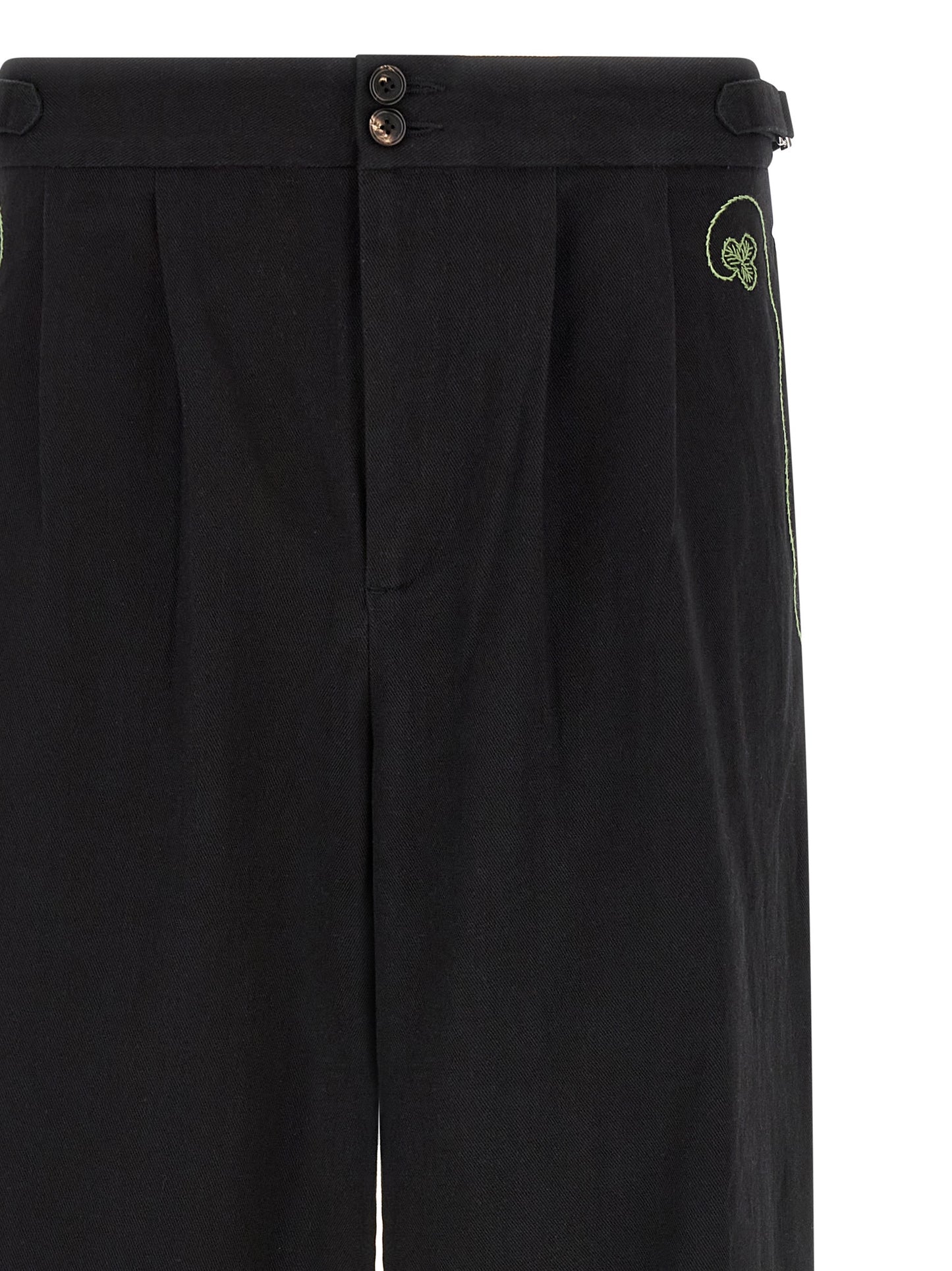 BODE Clover Men's Straight Leg Wide Cropped Mid Rise Cotton Twill Casual Pants - Black