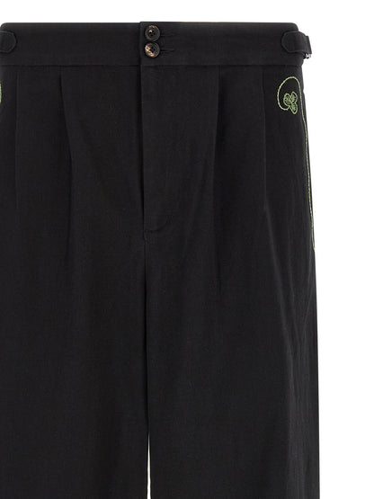 BODE Clover Men's Straight Leg Wide Cropped Mid Rise Cotton Twill Casual Pants - Black
