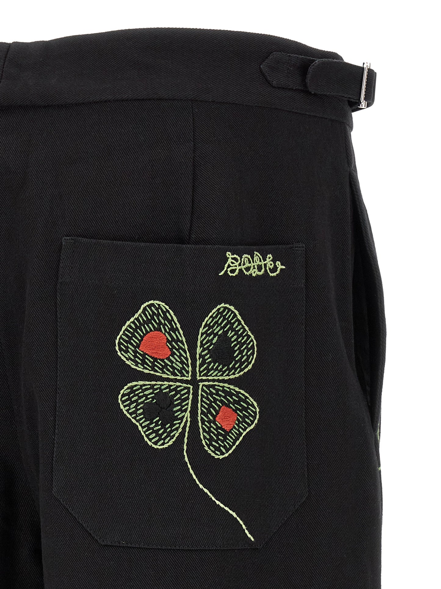 BODE Clover Men's Straight Leg Wide Cropped Mid Rise Cotton Twill Casual Pants - Black
