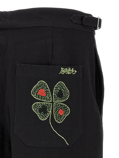 BODE Clover Men's Straight Leg Wide Cropped Mid Rise Cotton Twill Casual Pants - Black