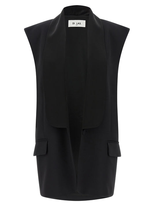 Vest by DI.LA3 PARI' for women in satin viscose black features an on trend silhouette, showcasing a sophisticated shawl-collar neckline and premium pockets for a truly on trend finish.