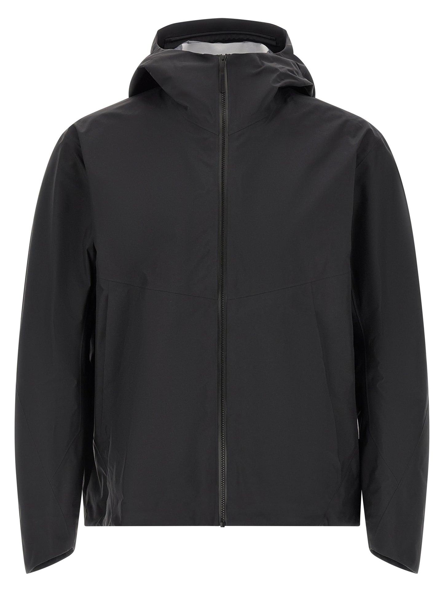 Hooded Windbreaker Jacket by Arc'teryx Veilance for men in nylon black features an enduring silhouette, showcasing technical breathable-design, water-resistant, windproof & hooded and a sophisticated hooded high-neck neckline for a truly enduring aesthetic.