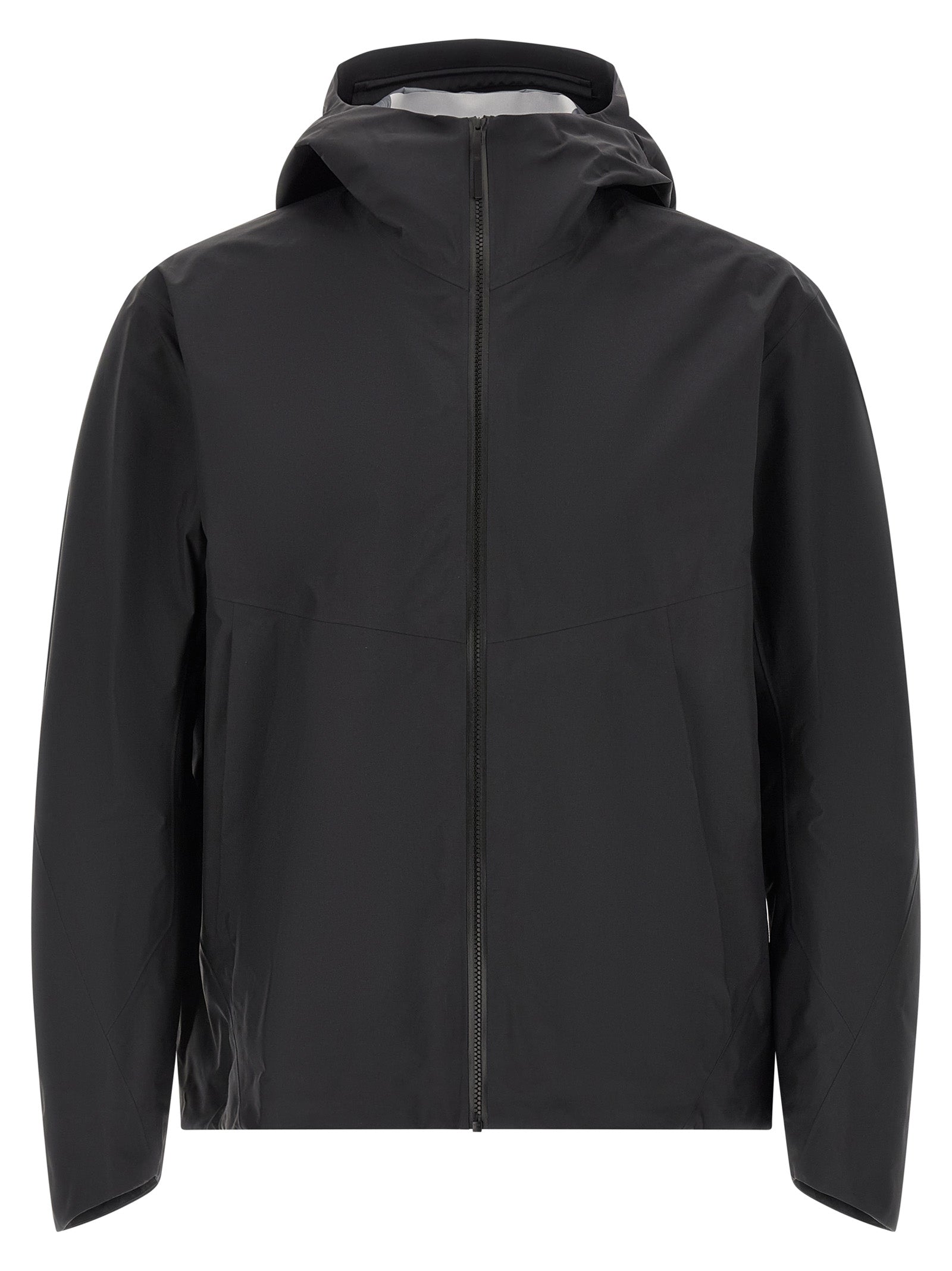 Hooded Windbreaker Jacket by Arc'teryx Veilance for men in nylon black features an enduring silhouette, showcasing technical breathable-design, water-resistant, windproof & hooded and a sophisticated hooded high-neck neckline for a truly enduring aesthetic.
