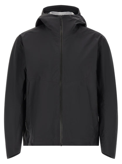 Hooded Windbreaker Jacket by Arc'teryx Veilance for men in nylon black features an enduring silhouette, showcasing technical breathable-design, water-resistant, windproof & hooded and a sophisticated hooded high-neck neckline for a truly enduring aesthetic.