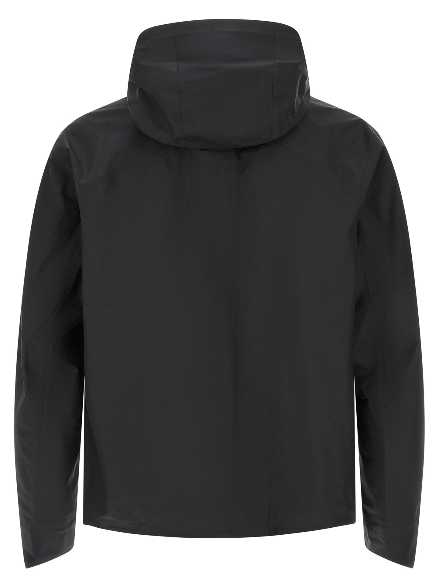 Hooded Windbreaker Jacket by Arc'teryx Veilance for men in nylon black features an perennial silhouette with a refined hooded high-neck neckline and perennial breathable-design, water-resistant, windproof & hooded for a sophisticated weather-resistant look.