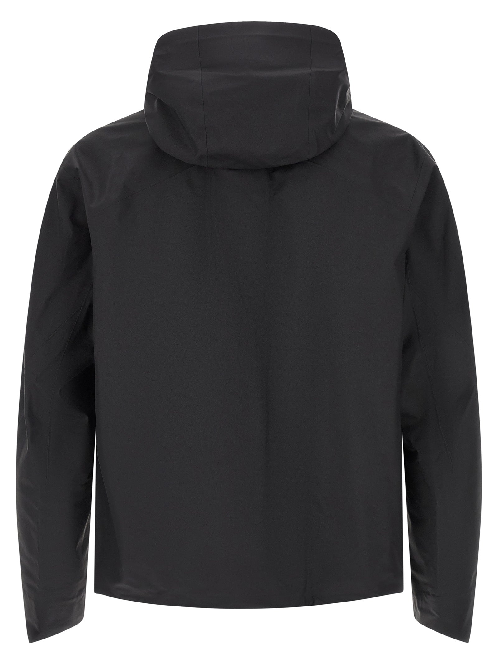 Hooded Windbreaker Jacket by Arc'teryx Veilance for men in nylon black features an perennial silhouette with a refined hooded high-neck neckline and perennial breathable-design, water-resistant, windproof & hooded for a sophisticated weather-resistant look.