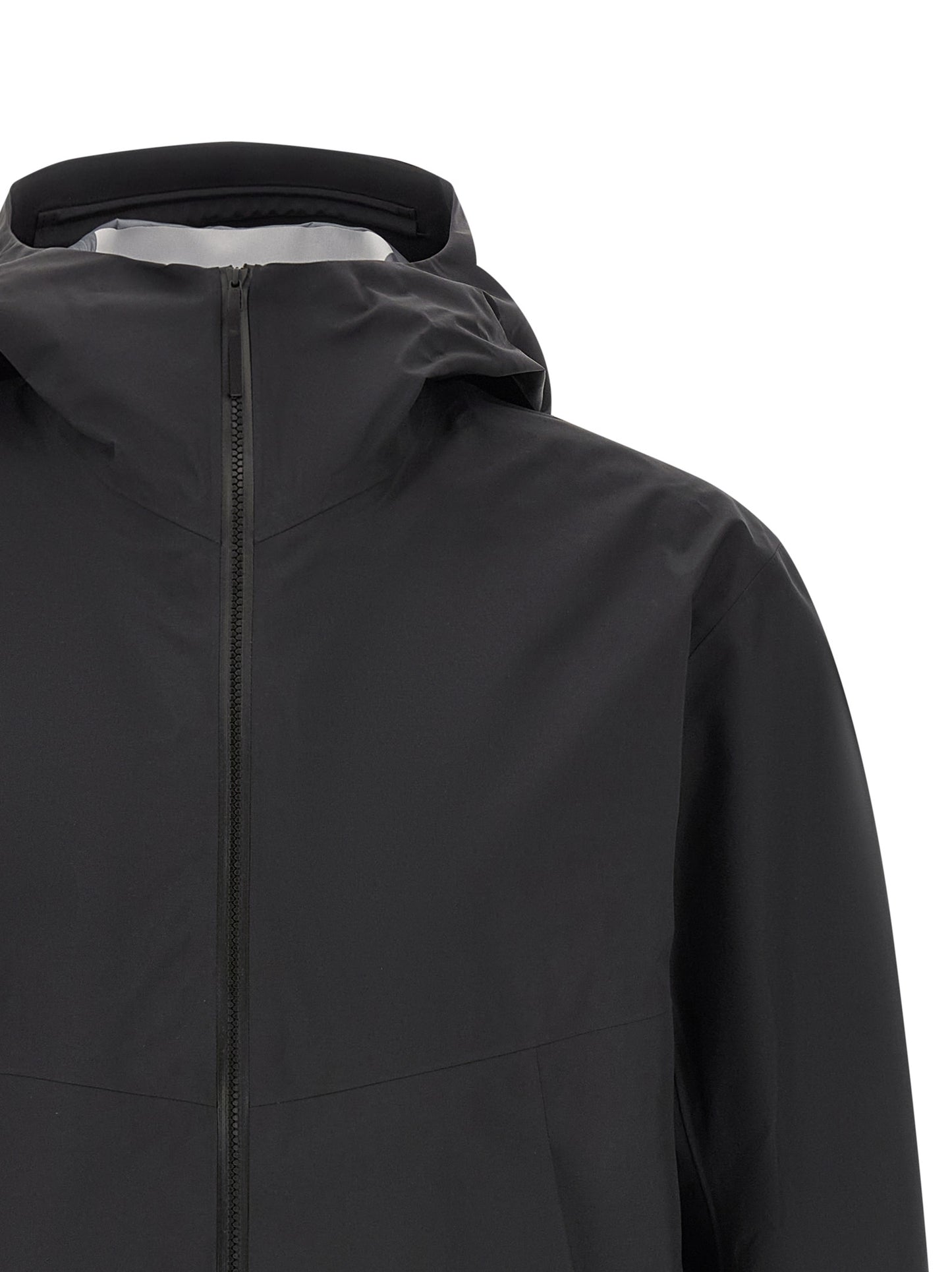 Hooded Windbreaker Jacket by Arc'teryx Veilance for men in nylon black features an magnificent silhouette, showcasing the sophisticated hooded high-neck neckline and functional breathable-design, water-resistant, windproof & hooded for a premium, magnificent look.