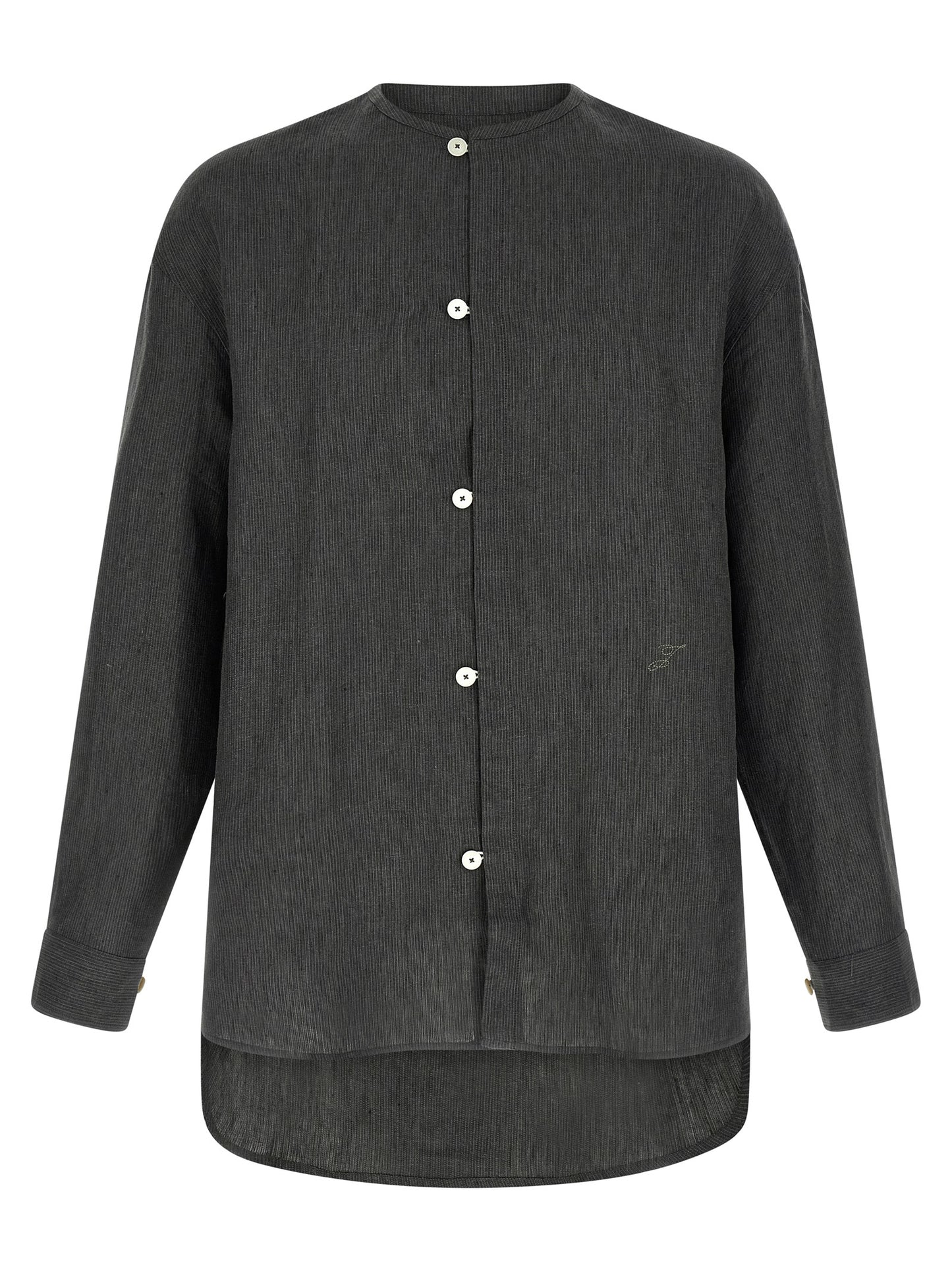 Shirt by Jacquemus for men in linen gray & striped presents a discerning silhouette, showcasing a sophisticated crew neckline and long-sleeve for a truly discerning finish.