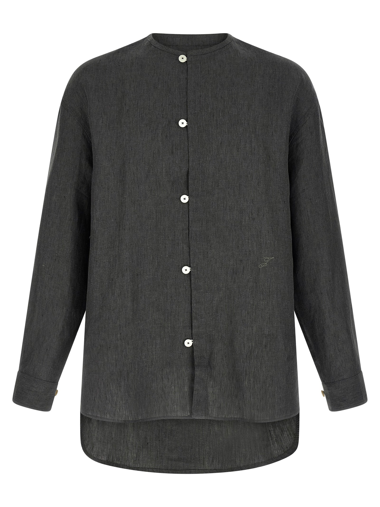 Shirt by Jacquemus for men in linen gray & striped presents a discerning silhouette, showcasing a sophisticated crew neckline and long-sleeve for a truly discerning finish.