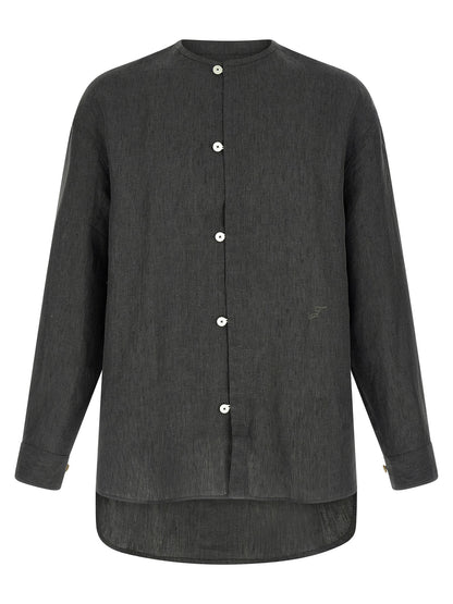 Shirt by Jacquemus for men in linen gray & striped presents a discerning silhouette, showcasing a sophisticated crew neckline and long-sleeve for a truly discerning finish.