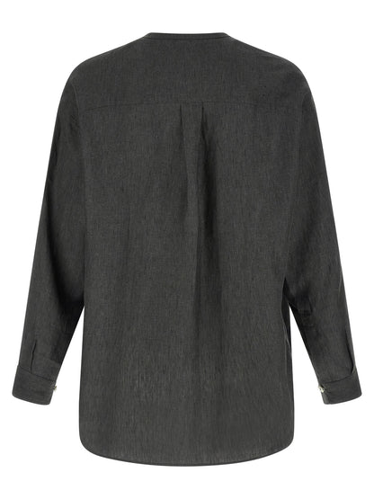 Shirt by Jacquemus for men in linen gray & striped features an polished silhouette, showcasing a sophisticated crew neckline and detail for a truly polished finish.
