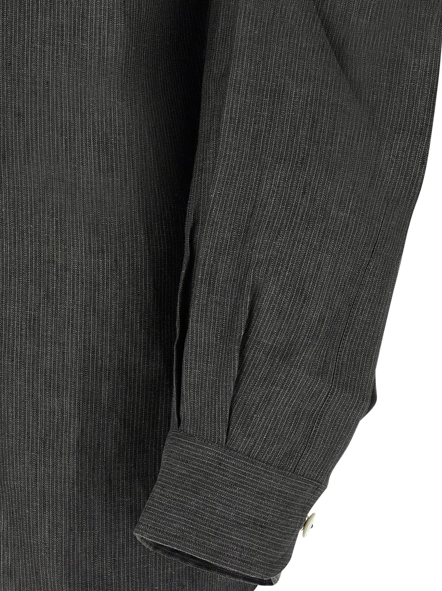 Shirt by Jacquemus for men in linen gray & striped, featuring a nuanced and nuanced crew neckline for a sophisticated finish.
