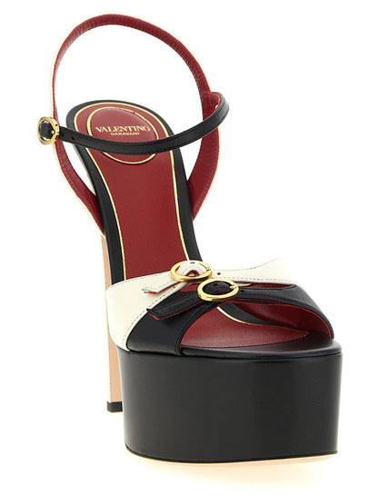 Valentino Garavani V Logo Women's Calfskin Leather Platform Stiletto Sandals - Bicolour Black White Signature