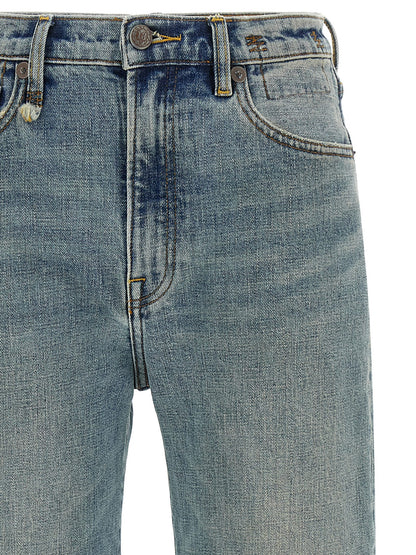 Jeans by R13 for women in polyurethane & denim cotton blue presents a tailored silhouette, showcasing a tailored flared & wide and long cut with a refined high rise for a truly tailored aesthetic.
