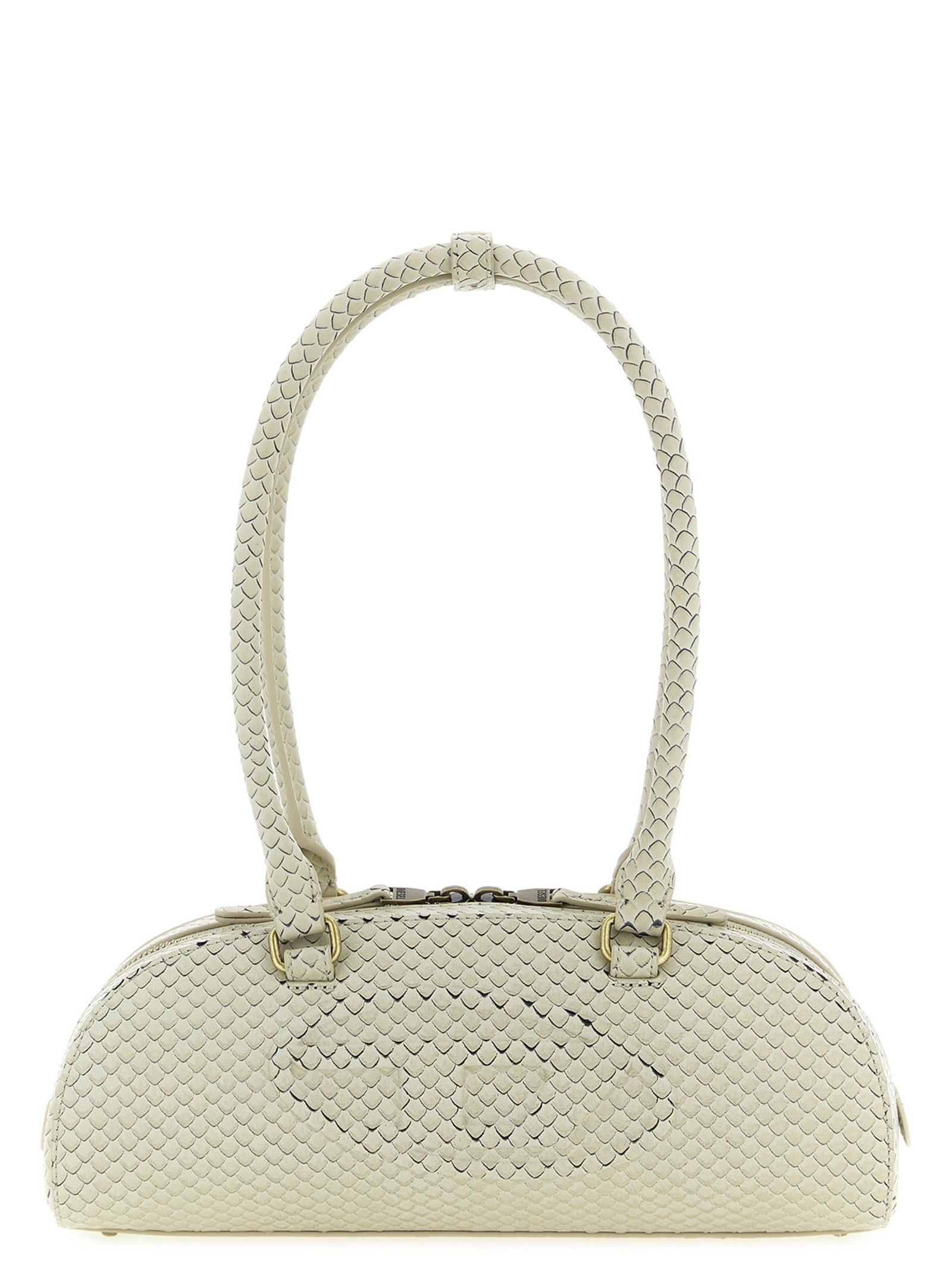 Shoulder Dome Bag by Diesel for women in leather & metal beige showcases a statuesque silhouette, artfully detailed with a secure zipper, organized , and versatile shoulder-strap & handle for a statuesque look.