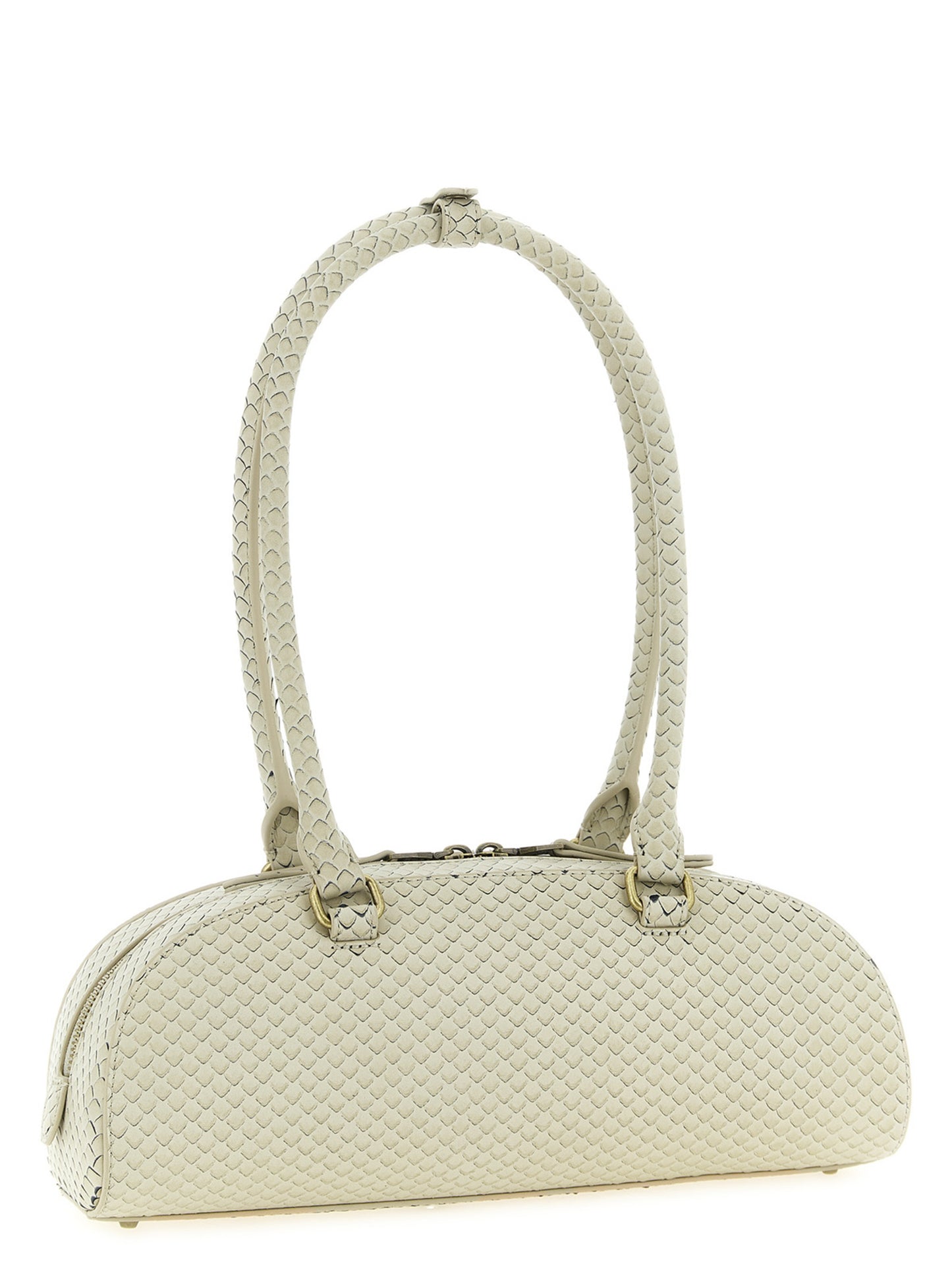 Shoulder Dome Bag by Diesel for women in leather & metal beige presents a statuesque silhouette, showcasing a secure zipper and statuesque with versatile shoulder-strap & handle for a sophisticated look.
