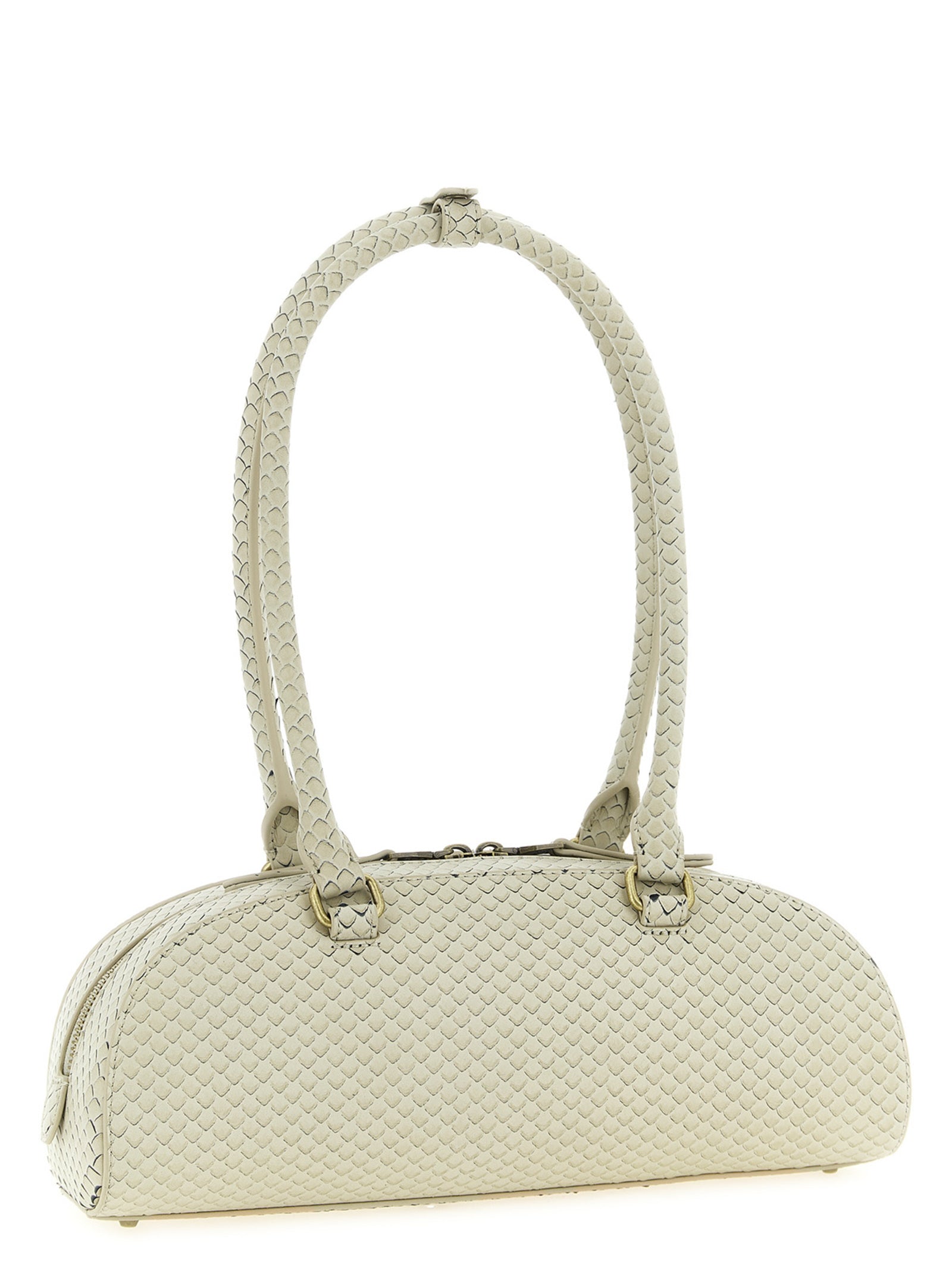 Shoulder Dome Bag by Diesel for women in leather & metal beige presents a statuesque silhouette, showcasing a secure zipper and statuesque with versatile shoulder-strap & handle for a sophisticated look.