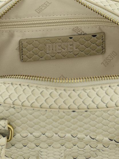Shoulder Dome Bag by Diesel for women in leather & metal beige features an effortlessly chic silhouette with a secure zipper, ample , and versatile shoulder-strap & handle for effortlessly chic everyday luxury.