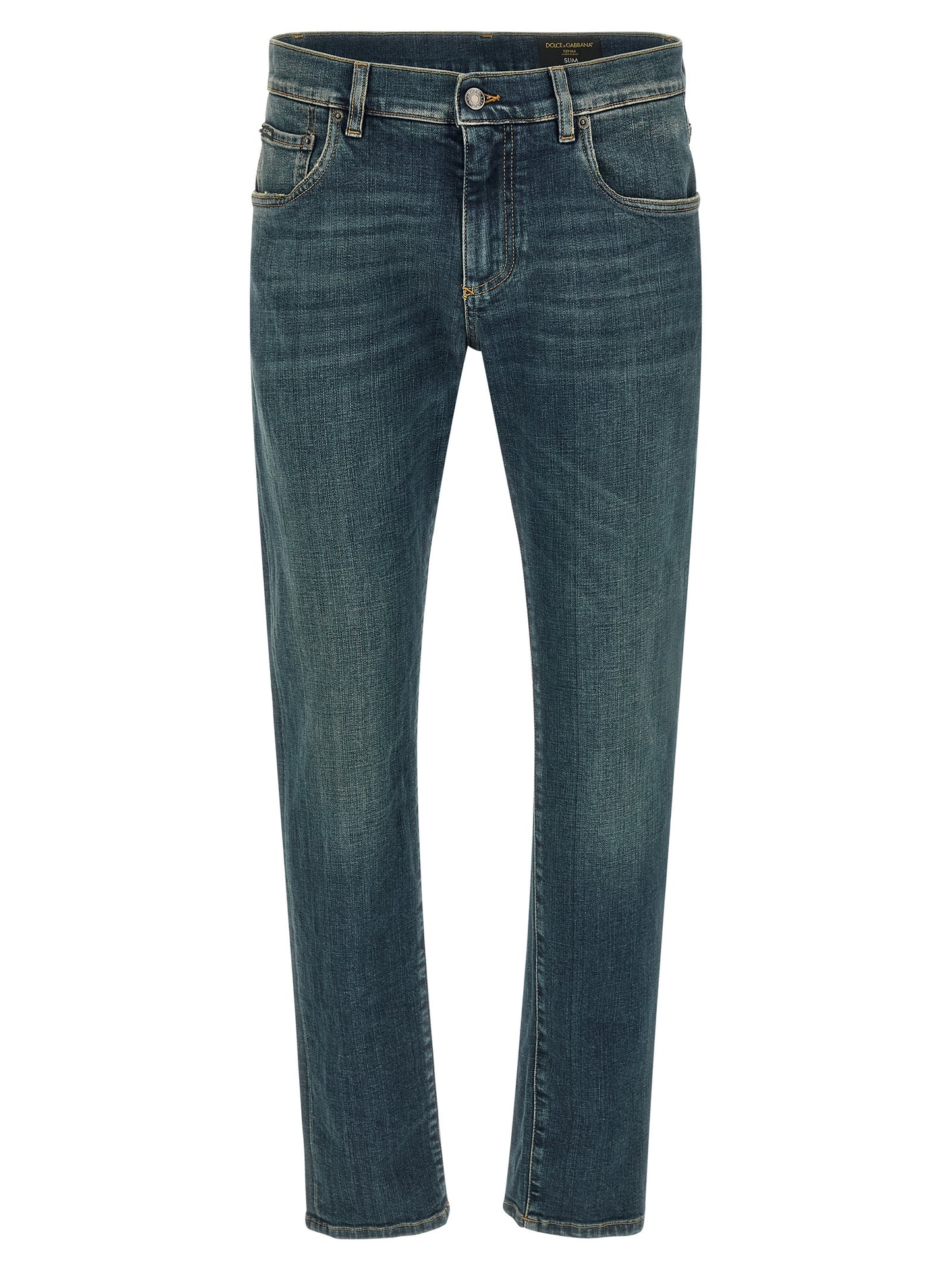 Jeans by Dolce & Gabbana for men in stretch denim cotton blue features a polished silhouette with a polished slim, reaching a polished long and finished with a polished low rise.