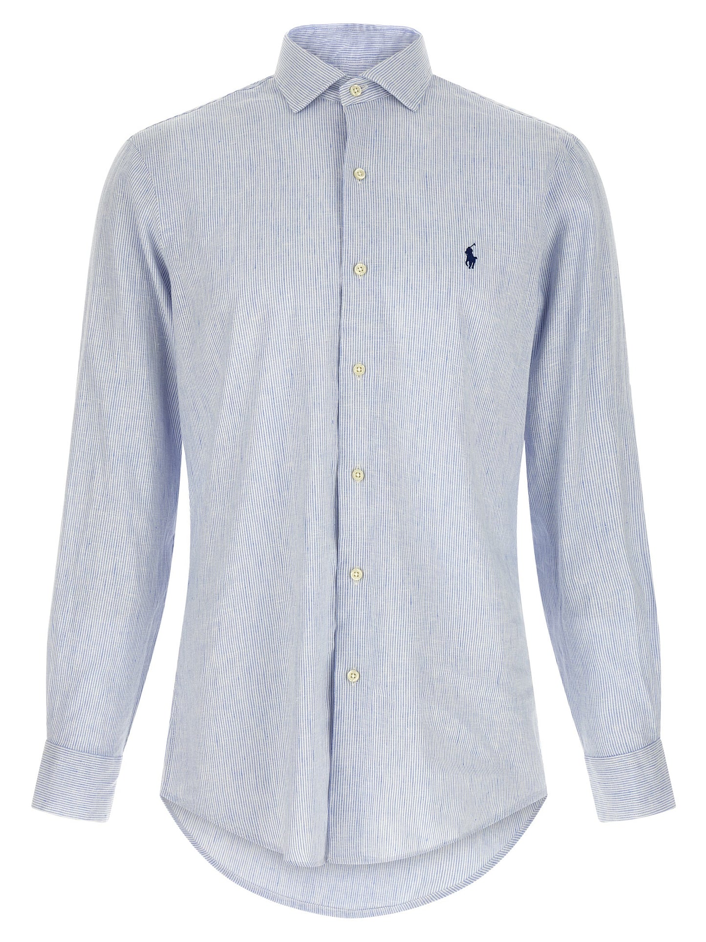 Shirt by Polo Ralph Lauren for men in stretch cotton & linen light-blue, pearl, signature & striped features an architectural silhouette with a refined and elegant for a architectural look.