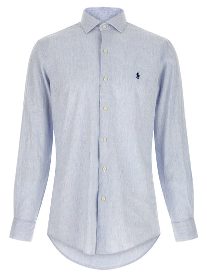 Shirt by Polo Ralph Lauren for men in stretch cotton & linen light-blue, pearl, signature & striped features an architectural silhouette with a refined and elegant for a architectural look.