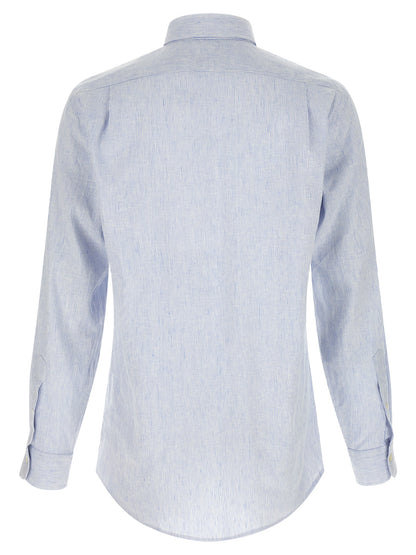 Shirt by Polo Ralph Lauren for men in stretch cotton & linen light-blue, pearl, signature & striped showcases a sublime silhouette, artfully detailed with a sublime and for a sophisticated, sublime finish.