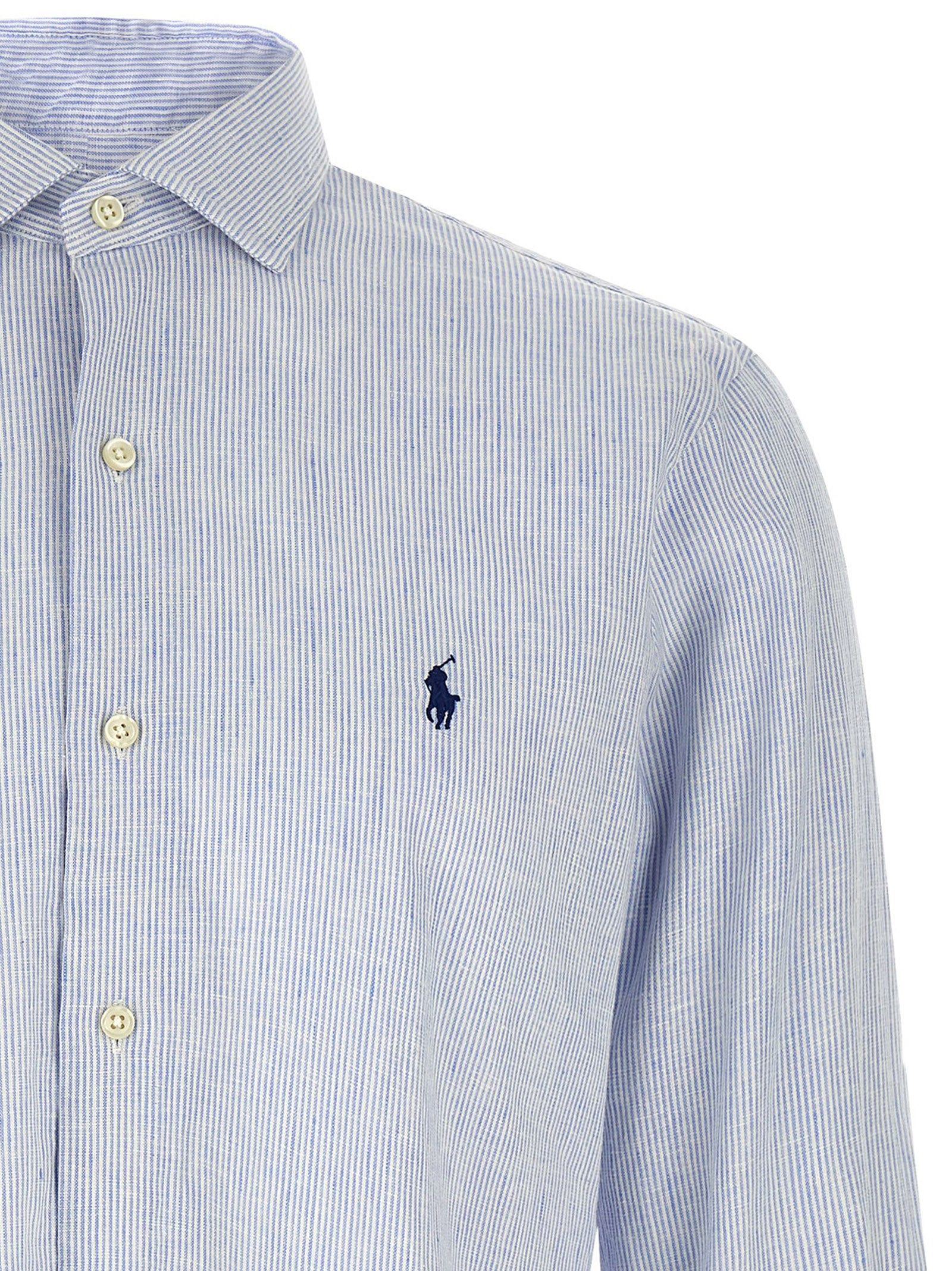 Shirt by Polo Ralph Lauren for men in stretch cotton & linen light-blue, pearl, signature & striped showcases a sharp silhouette, elegantly detailed with a sharp and sharp .