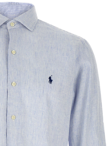 Shirt by Polo Ralph Lauren for men in stretch cotton & linen light-blue, pearl, signature & striped showcases a sharp silhouette, elegantly detailed with a sharp and sharp .