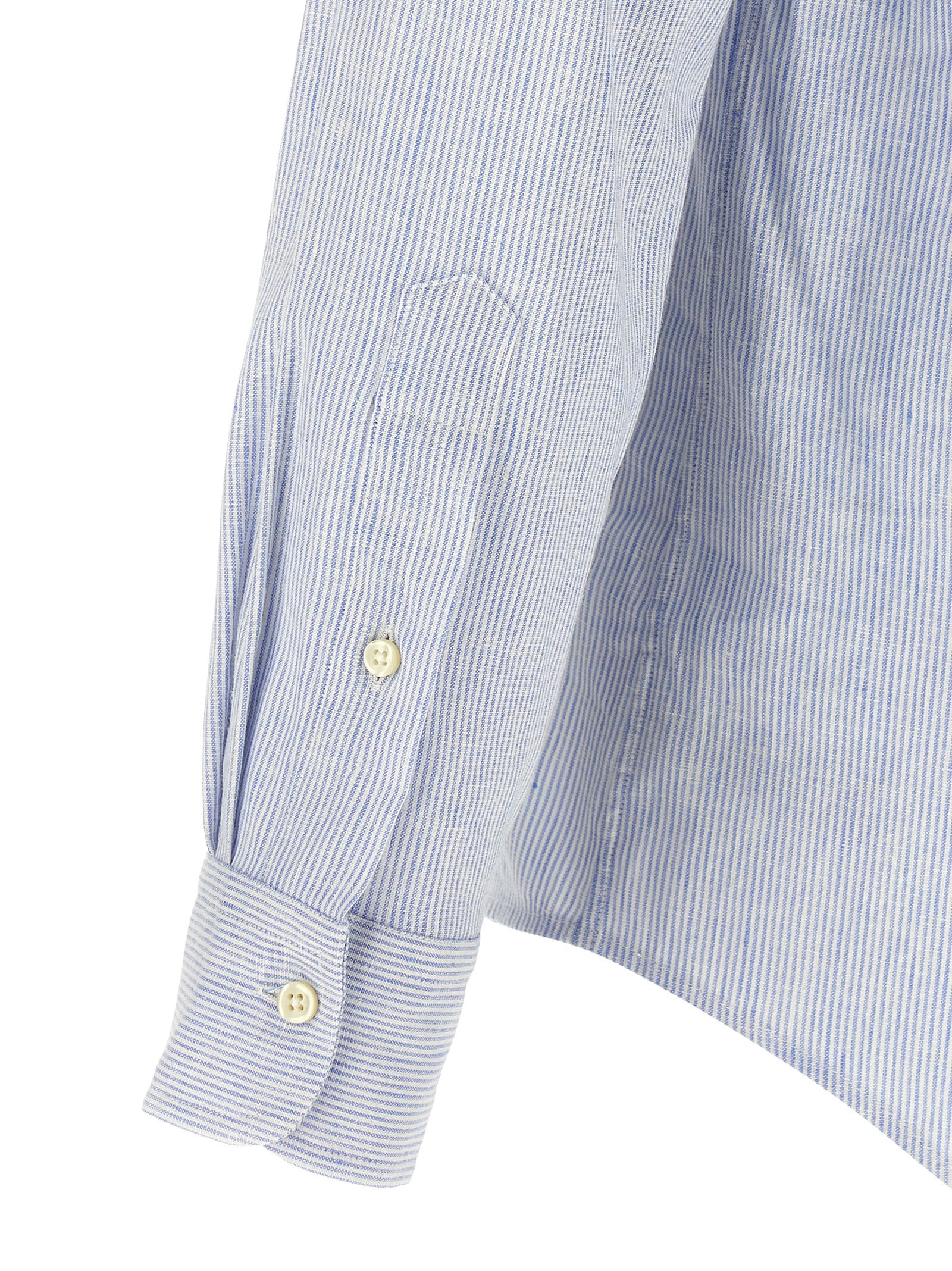 Shirt by Polo Ralph Lauren for men in stretch cotton & linen light-blue, pearl, signature & striped features an polished silhouette, showcasing a sophisticated and detail for a truly polished finish.