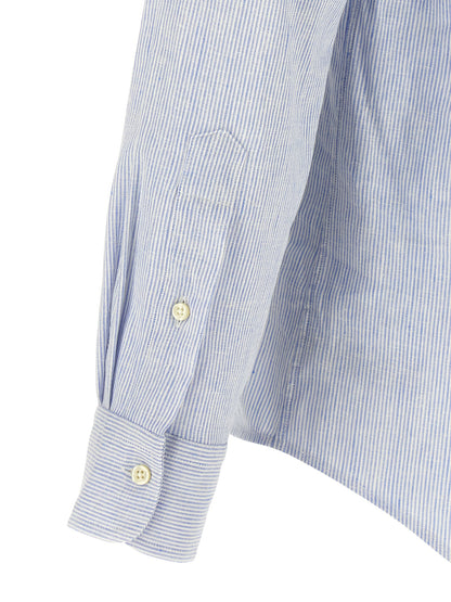 Shirt by Polo Ralph Lauren for men in stretch cotton & linen light-blue, pearl, signature & striped features an polished silhouette, showcasing a sophisticated and detail for a truly polished finish.