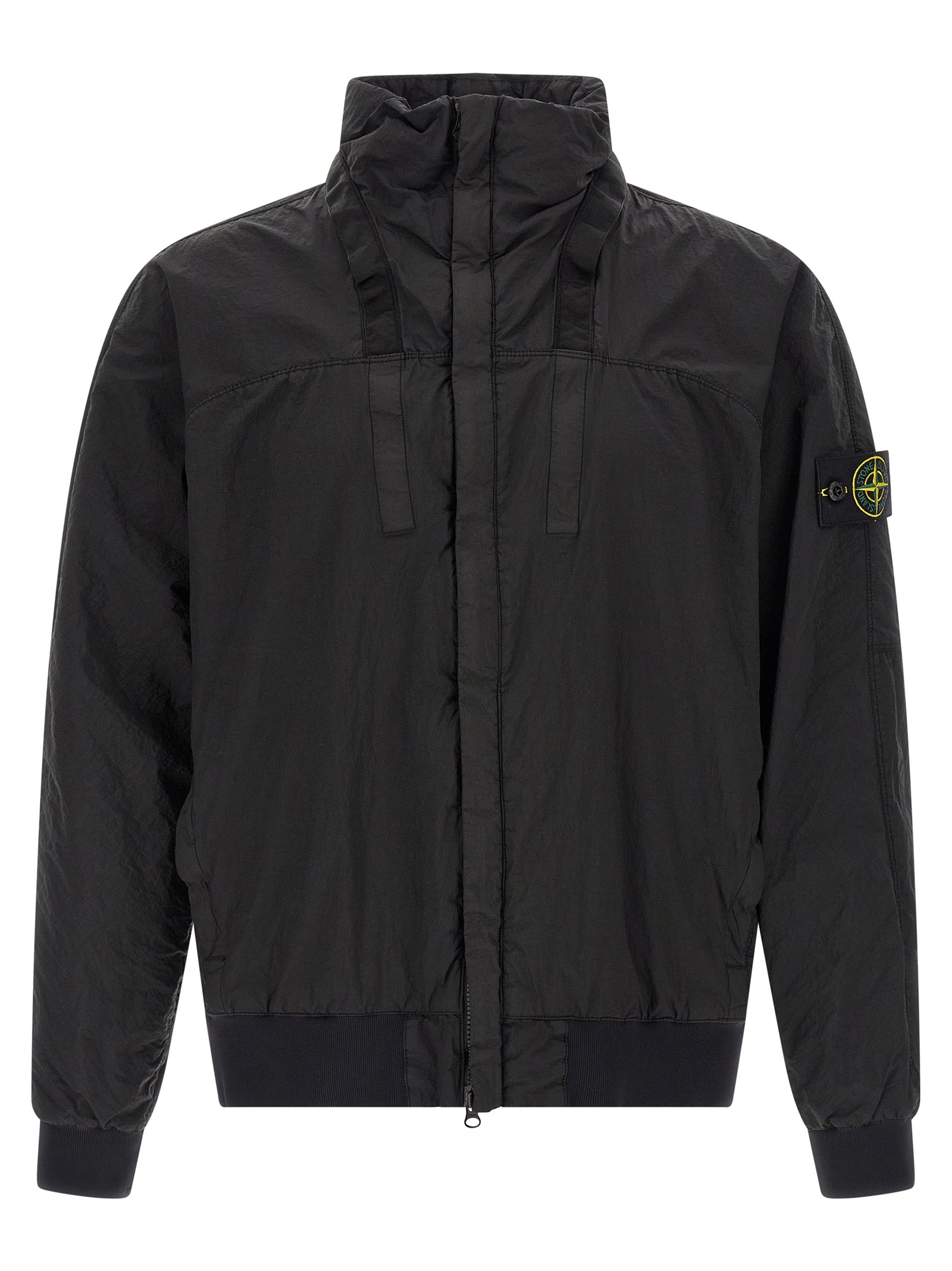 Hooded Bomber Jacket by Stone Island for men in nylon black features a dramatic silhouette, showcasing a sophisticated hooded neckline and distinctive pockets & hooded for a dramatic aesthetic.