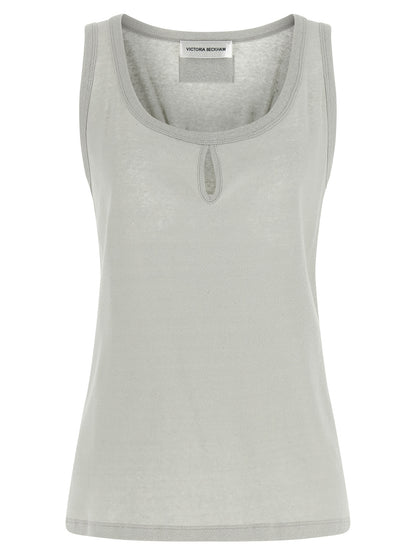 Tank Top by Victoria Beckham for women in organic cotton & wool gray & signature showcases a sumptuous silhouette, artfully detailed with a sumptuous split square neckline and sleeveless for a truly sumptuous finish.