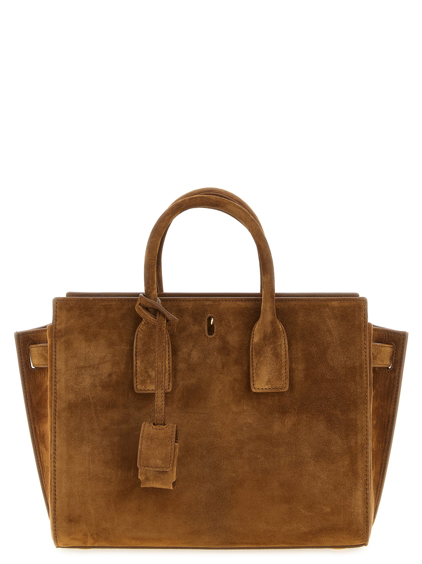 Small East West Handbag by Saint Laurent for women in suede calfskin leather brown & signature features a signature silhouette, showcasing a secure and signature with versatile adjustable-strap & handle for a sophisticated look.