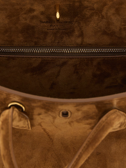 Small East West Handbag by Saint Laurent for women in suede calfskin leather brown & signature features a refined silhouette, showcasing a secure , organized , and versatile adjustable-strap & handle for a refined finish.