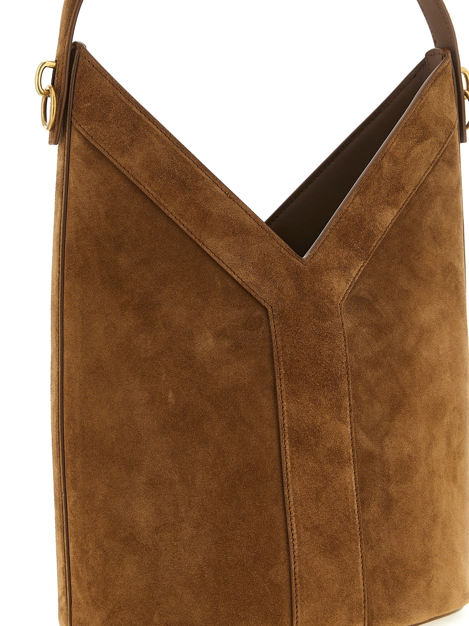Shoulder Bucket Bag by Saint Laurent for women in bos taurus suede calfskin leather brown presents a versatile silhouette, showcasing a secure and versatile with versatile shoulder-strap, handle & adjustable-strap for a sophisticated look.