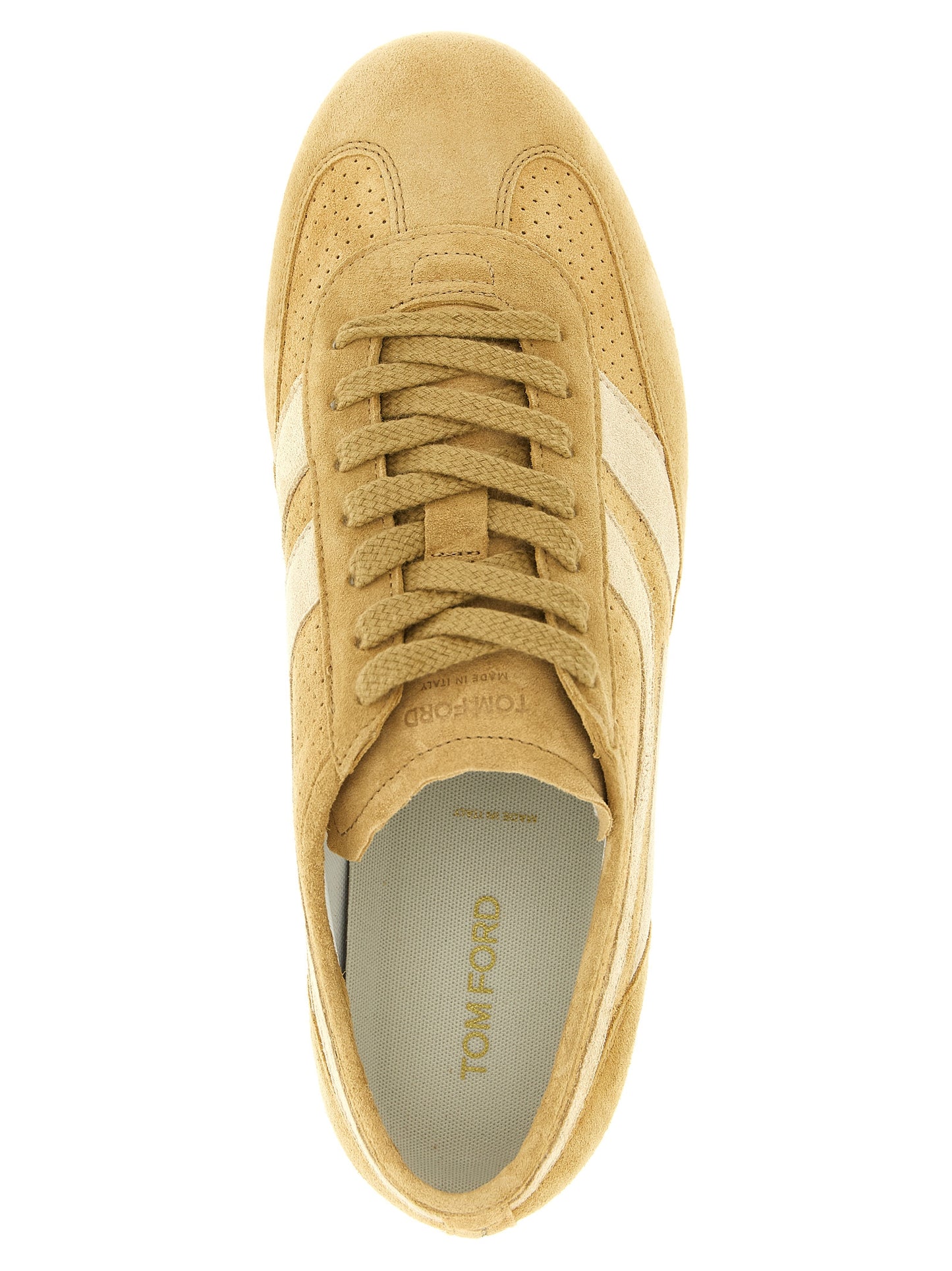 Sneakers by Tom Ford for men in suede calfskin leather & cotton beige features an versatile design from the Men's Casual Suede Calfskin Leather & Cotton Sneakers collection, highlighting a versatile casual style for a premium, high-fashion look.