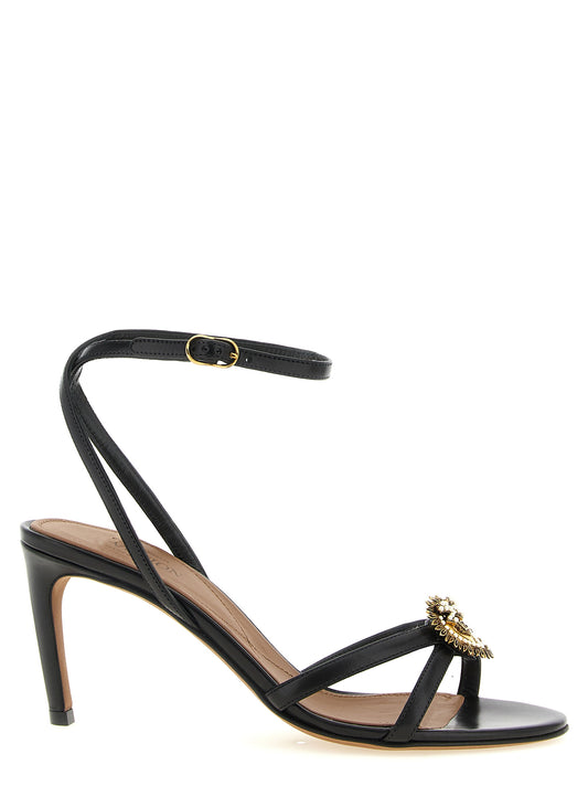 Stiletto Ankle Strap Sandals by Dolce & Gabbana for women in calfskin leather black & pearl presents a sculptural silhouette, showcasing the Devotion Women's Calfskin Leather Stiletto Ankle Strap Sandals design with a sculptural stiletto and for a premium look.