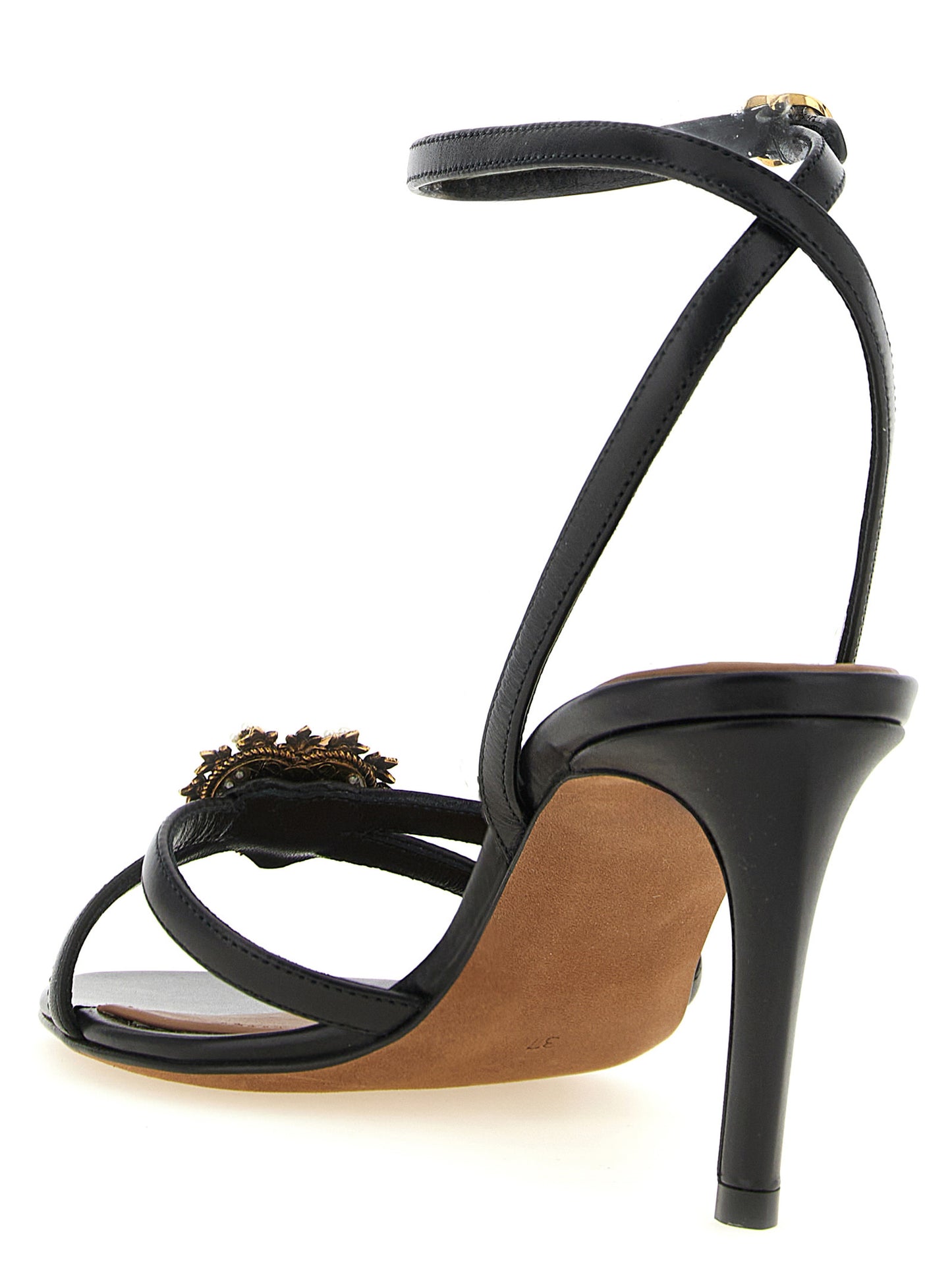 Stiletto Ankle Strap Sandals by Dolce & Gabbana for women in calfskin leather black & pearl features an exquisite silhouette, showcasing the exquisite Devotion Women's Calfskin Leather Stiletto Ankle Strap Sandals with a stiletto and .